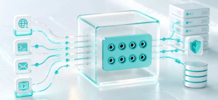 Glass network hub routing multiple data connections to server services, illustrating how TCP and UDP ports direct traffic to different applications.
