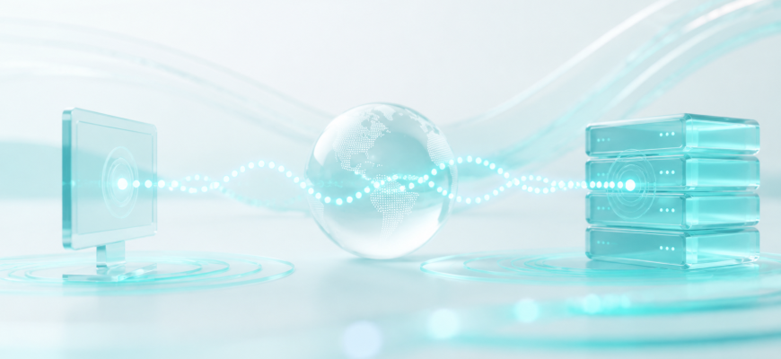 Glass-style visualization of a network signal traveling between a client and server across the globe, representing ping and network latency.