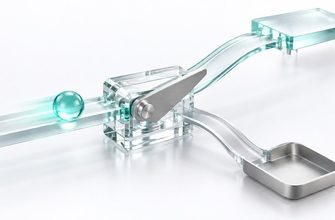 Transparent crystal switch directing a turquoise sphere toward two paths, representing Linux command success and failure exit codes.