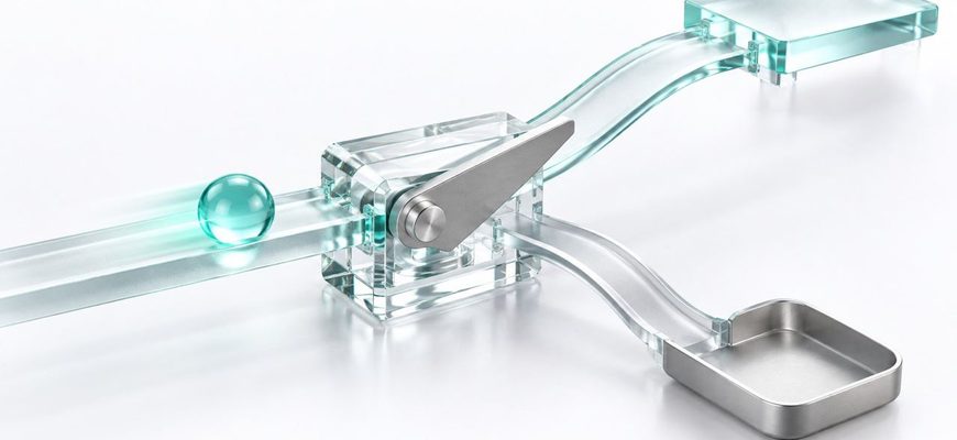 Transparent crystal switch directing a turquoise sphere toward two paths, representing Linux command success and failure exit codes.