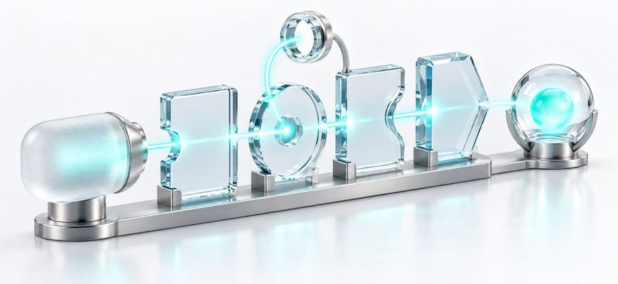 Crystal sequence of instructions carrying a turquoise signal from input through a loop to a finished result.