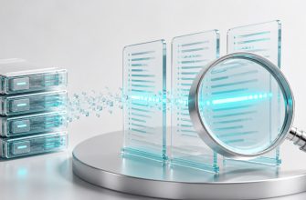 Glass magnifying lens inspecting turquoise event lines on transparent log panels beside a server, illustrating journalctl troubleshooting.