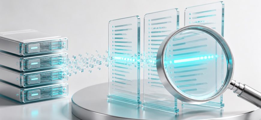 Glass magnifying lens inspecting turquoise event lines on transparent log panels beside a server, illustrating journalctl troubleshooting.