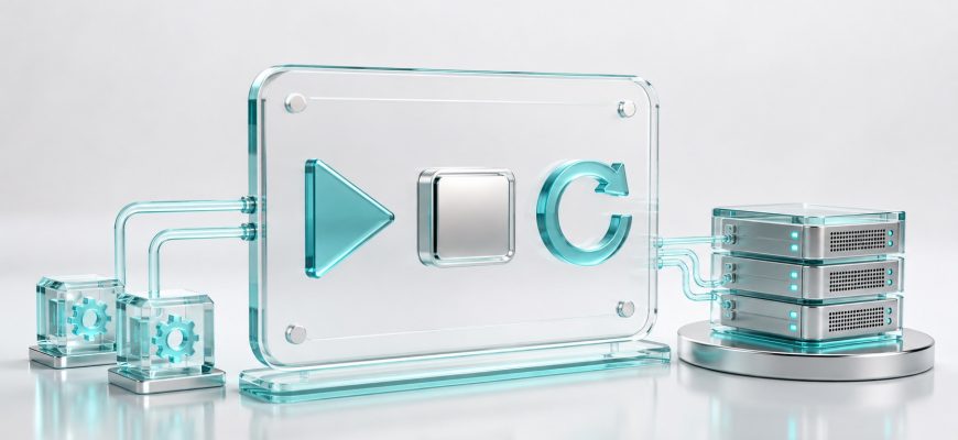 Glass control panel with start, stop, and restart symbols connected to a server, illustrating systemctl service management.