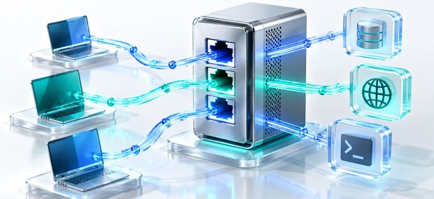 Linux ports and sockets illustrated as multiple client connections routed through server network ports to different services