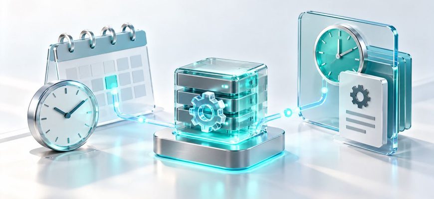 Cron and systemd timer scheduling illustrated with clocks, a calendar, and an automated Linux task