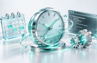 Glass clock, calendar, terminal window, and gears illustrating Linux cron jobs and scheduled automation