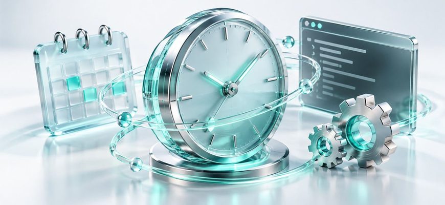 Glass clock, calendar, terminal window, and gears illustrating Linux cron jobs and scheduled automation